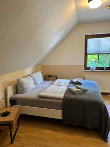 a bedroom with a bed and a window at Gasthof Ostwind - ferienwohnungen & meer in Steffenshagen