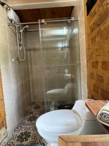 ein Bad mit einem WC und einer Glasdusche in der Unterkunft Casona Ananda in Firavitoba