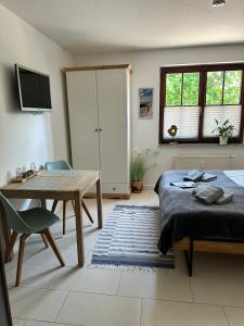 una camera con letto, tavolo e scrivania di Gasthof Ostwind - ferienwohnungen & meer a Steffenshagen