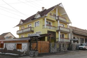 una casa amarilla con una puerta delante de ella en Vila Perla Sapanteana en Săpînţa