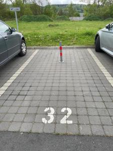 dwa samochody zaparkowane na parkingu z kijem w obiekcie SPA Apartment Moser w Karlowych Warach
