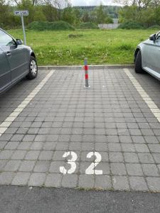 two cars parked in a parking lot with a pole at SPA Apartment Moser in Karlovy Vary