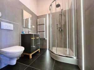 a bathroom with a shower and a toilet and a sink at Willa Ogrodnika in Błażowa +43 photos