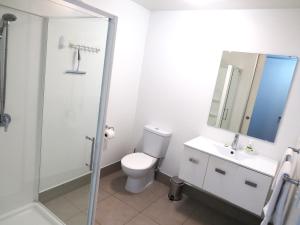 a bathroom with a toilet and a sink and a shower at Central Apartment in Hanmer Springs