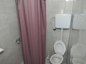 Łazienka z toaletą i różową zasłoną prysznicową w obiekcie Apartmani Zivkovic w mieście Ribarska Banja