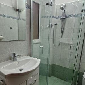 リヴォルノにあるCasa Fortunata con parcheggioのバスルーム(洗面台、ガラス張りのシャワー付)