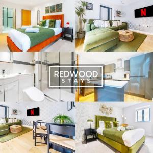 a collage of photos of a hotel room at 2 Bedroom 2 Bathroom Apt in Camberley Free WiFi By REDWOOD STAYS in Camberley