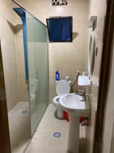 y baño con aseo, lavabo y ducha. en AIM Kanombe INN MOTEL en Kigali