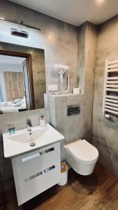 シュチルクにあるOlimpijska pokojeのバスルーム(洗面台、トイレ、鏡付)