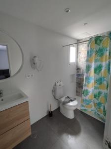 y baño con aseo y cortina de ducha. en Alisios Playa, en Corralejo