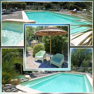 uma colagem de fotos de uma piscina com um guarda-sol e uma cadeira em Aventure Evasion em Chatuzange-le-Goubet