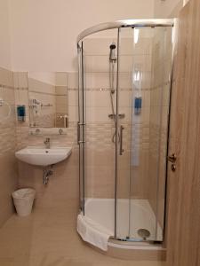 a bathroom with a shower and a sink at Hotel Legie in Prague