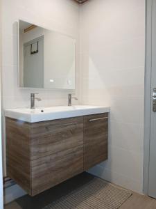 ein Bad mit einem Waschbecken und einem Spiegel in der Unterkunft Appartement Confort Miribel 80m2 in Miribel