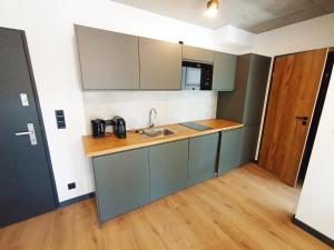 Kuchyň nebo kuchyňský kout v ubytování APARTAMENTY PIASKOWE BŁĘKITNA
