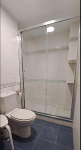 La salle de bains est pourvue de toilettes et d'une douche en verre. dans l'établissement Playa del prado, à Ribeira
