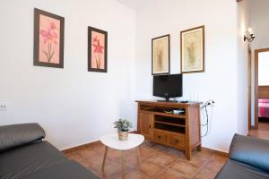 een woonkamer met een bank en een tv bij Casa Juan Solo Familias in Cádiz
