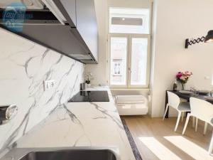 - une cuisine avec un comptoir en marbre et un évier dans l'établissement San Lazzaro 231 Tirabora Short Rent, à Trieste