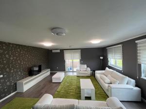 a living room with white furniture and a green rug at Urban villa in Sarajevo