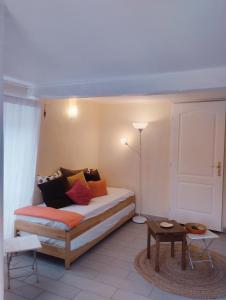 Un dormitorio con una cama con almohadas de colores. en Magnolias, en Chinon