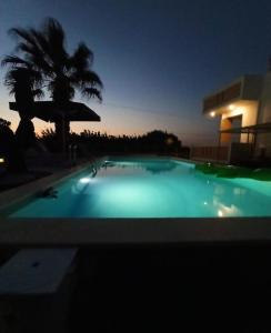 a large swimming pool at night with a palm tree at Nitelli's Houses in Skála Néon Kydonión