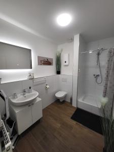 La salle de bains est pourvue d'un lavabo, d'une douche et de toilettes. dans l'établissement Ferienzimmer in Euskirchen, à Euskirchen