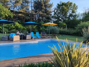 - une piscine avec des chaises longues et des parasols dans l'établissement CHAMBRE CHAMPÊTRE, à Angrie