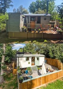 two pictures of a tiny house in a backyard at Spinney Retreats - 2 x Unique Shepherds Huts Dog Friendly in Northampton