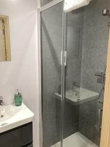 a bathroom with a shower and a sink at Eco-friendly Cabins Cabin 3 in Norton Disney