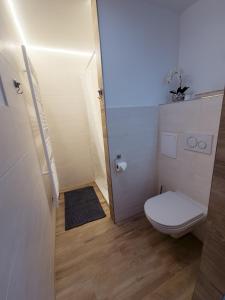 ein kleines Bad mit einem WC und einer Dusche in der Unterkunft Apartment Neuwirthof - rustikaler Charme in Sankt Georgen ob Murau