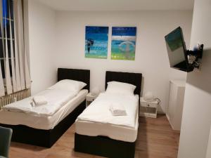 Cette petite chambre comprend 2 lits et une télévision. dans l'établissement Ferienwohnung 306 am Kasinopark, à Georgsmarienhütte