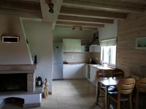 eine Küche und ein Esszimmer mit einem Tisch und einem Kamin in der Unterkunft Domek nad Czarną Hańczą - Przystań Kajakowa Zakole in Krasnopol