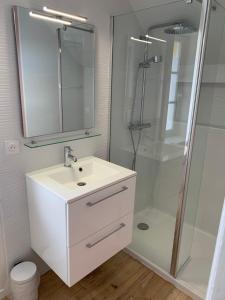 La salle de bains est pourvue d'un lavabo blanc et d'une douche. dans l'établissement Le Claugi, à Damery