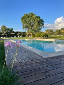- une piscine avec une terrasse en bois et des fleurs dans l'établissement Agriturismo I Tre Fossi, à Magliano in Toscana