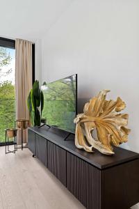 uma sala de estar com um armário preto e uma grande janela em Luxury Ville Haute Haven Queen Bed & City Views em Luxemburgo