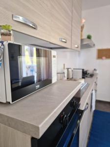 cocina con encimera y microondas en Endless Summer Apartment en Olbia