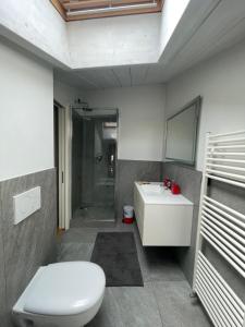 uma casa de banho com um WC, um lavatório e um chuveiro em Casa P em Malgrate