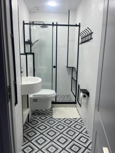 a bathroom with a shower and a toilet and a sink at Дом на пляже in Batumi