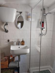 een badkamer met een wastafel en een douche bij OLD TOWN HOUSE LA CORTE Casa Vacanze in Civita Castellana