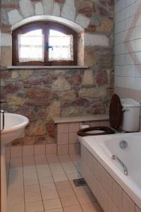 a stone bathroom with a toilet and a bath tub at Nerotrivia stone house in Nerotriviá +52 photos