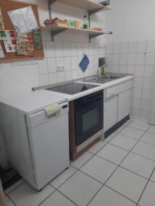 uma cozinha com um lavatório e um fogão em Apartment Am Mühlenbusch em Neuss