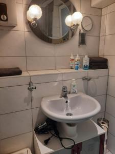 ein Bad mit einem Waschbecken und einem Spiegel in der Unterkunft Apartment Am Mühlenbusch in Neuss