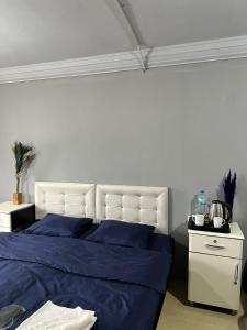 1 Schlafzimmer mit einem blauen Bett und einem weißen Kopfteil in der Unterkunft NIGRUM HOTEL in Nevşehir