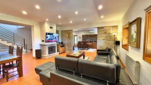 a living room with a couch and a fireplace at Villa Amarela in Penafiel