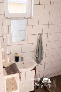 a bathroom with a sink and a mirror at Domki przy Akacjowej in Rydzewo