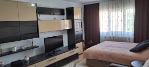 um quarto com uma cama e uma grande televisão em Apartament 2 camere Campulung Muscel em Cîmpulung