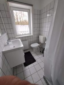 a bathroom with a toilet and a sink and a window at frau Harms Kaffeehaus in Soderstorf +10 photos
