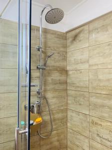 a shower in a bathroom with a wooden wall at Arvisura Vendégházak family and pet friendly apartments in Zsombó