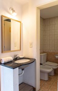 La salle de bains est pourvue d'un lavabo, de toilettes et d'un miroir. dans l'établissement Loft Catedral by Base 41, à San Carlos de Bariloche