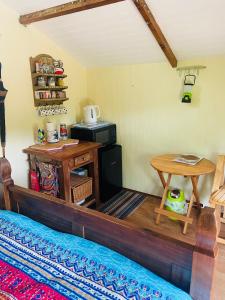 a room with a bed and a table and a stove at Tyluna Cornish Cabin in Praze an Beeble