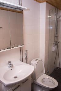 Łazienka z białą toaletą i umywalką w obiekcie Aurinkolahti cosy apartment with warm parking w Helsinkach